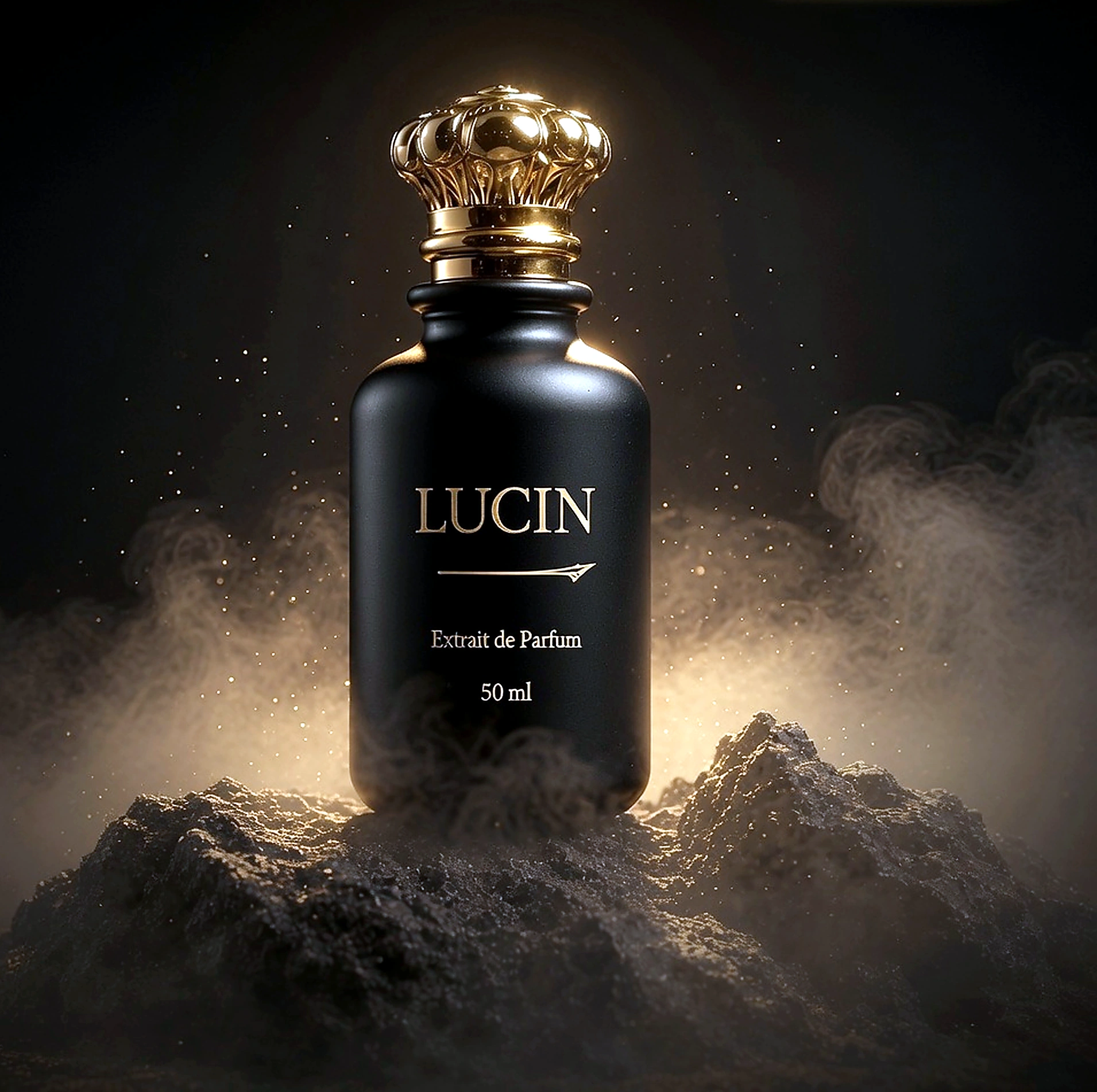 LUCIN perfume bottle with warm golden smoke and dark rock scenery.